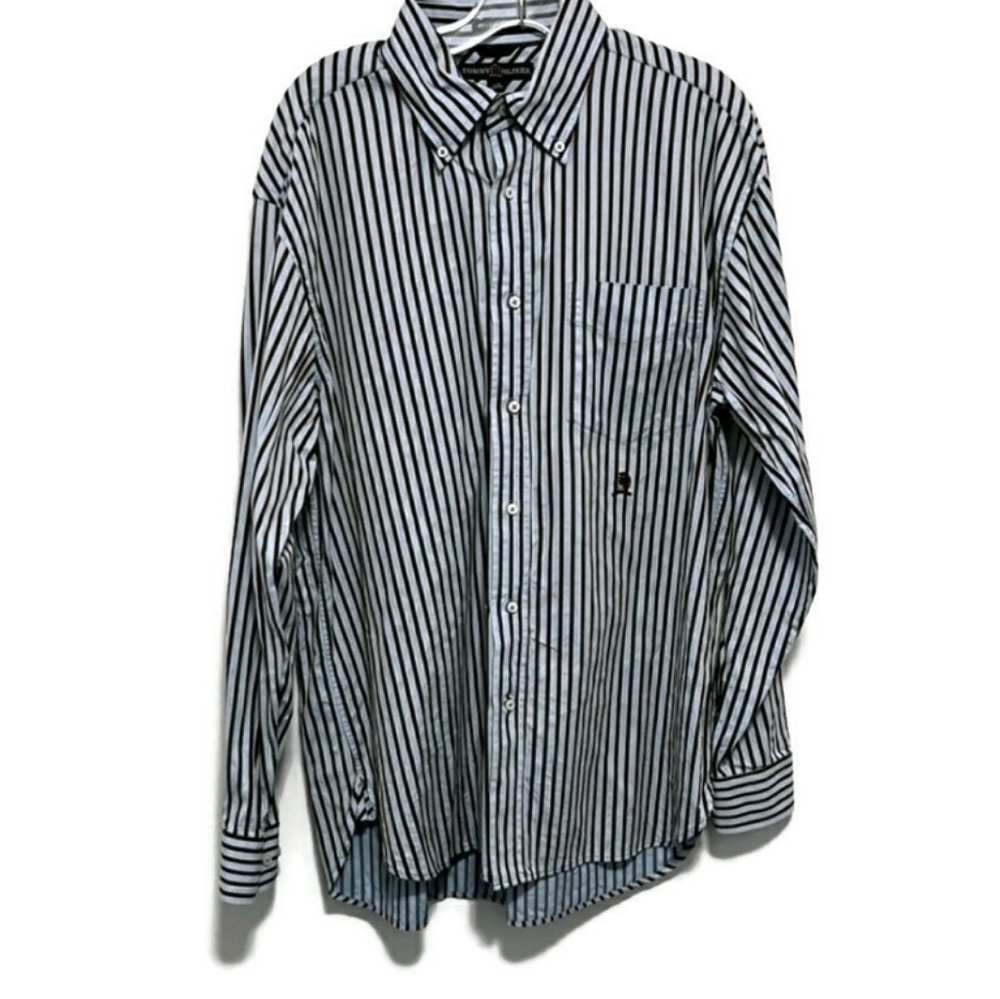 Tommy Hilfiger blue and brown striped  button front shirt Size Large